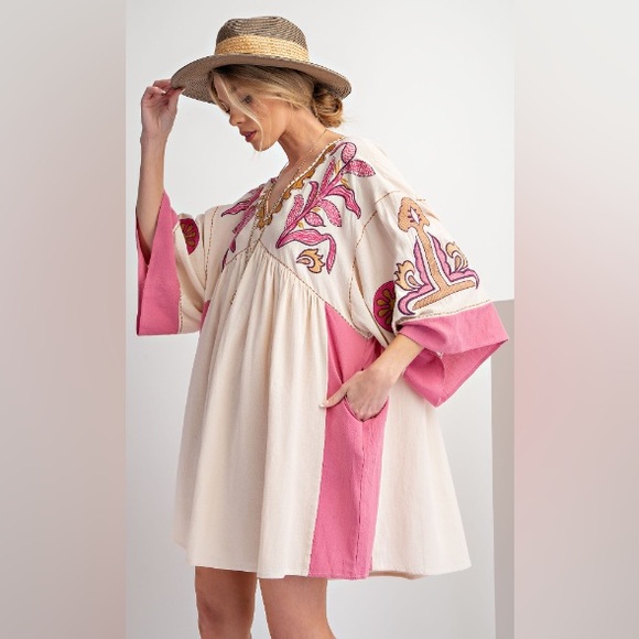 easel Dresses & Skirts - 8. Easel LAST 1!COST 🛑Midi Dress floral Embroidered Cotton Woven pink cream